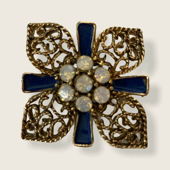 Gold and Blue Brooch with Rhinestones in the Middle 1 1/2" x 1 1/2" - Picture 1 of 3